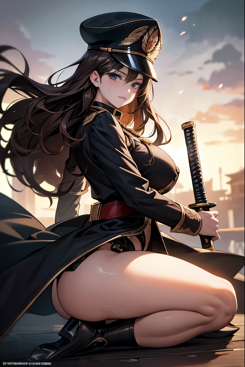 masterpiece, best quality, ultra-detailed, glistening shiny, glowing light, ray tracing, HDR, deph of field, (perfect face, detailed face, detailed eyes), 8k,HD,ultra realistic face, ray tracing, perfect lighting, best quality, ultra-detailed, High resolution, solo, 1girl, Full body, Description Girls, detail hands, Detail fingers, Detail Face, cute face, detail legs, overdetailed art, Fine details, huge breasts, huge ass, steam, Sweat, brown hair, long hair, wavy hair, tareme, black eyes, carvy, military cap, long coat, katana, japanese sword, samurai sword, in battlefield
