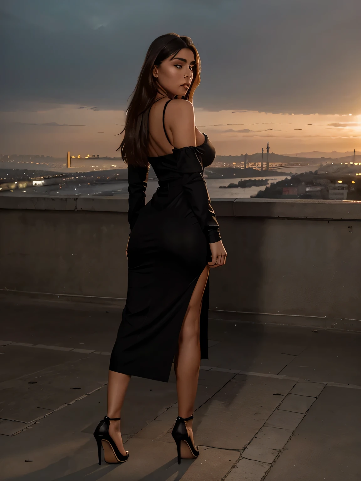 Hochrealistisches Foto im Grundriss von Madison Beer, Meisterwerk, Best quality, (Fotorealistisch:1.4), Full body, (Office dress in black :1.1), (Lederrock), (heels),Filmisches Licht, Beautiful woman, medium breasts, welliges Haar, detailliertes Gesicht, Foto aus der Ferne aufgenommen, sie macht ihre beine breit, istanbul in background, romantische Beleuchtung, (surrounded by men), (Sonnenuntergang:1.05), back