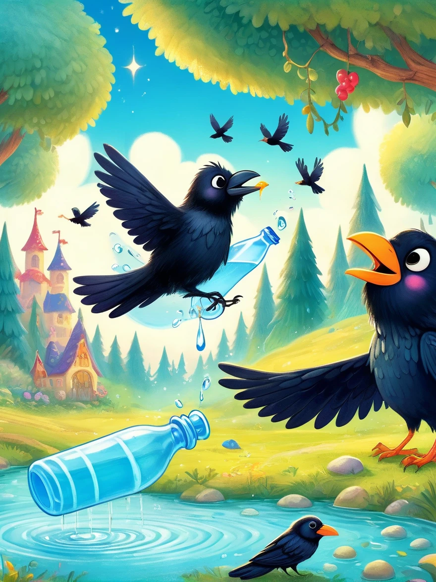 Primary school textbook illustrations, Fairy tale scenes, 1 cute crow tries to figure out how to drink water from a bottle, (solo), Whimsical scenes, Colorful, children illustration, Bright colors, Interesting details, Children's stories, peaceful environment, Strange trees, Bright sky, magic, Fun elements, ultra high definition, precise, high detail, 8k, anatomically correct, masterpiece