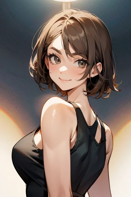 adult woman,smile, one person,facing this way,Raise your arms and see your sides,Glamour,wearing a black tank top, wearing jeans,short brown hair,Upper body composition,Fingers behind head,