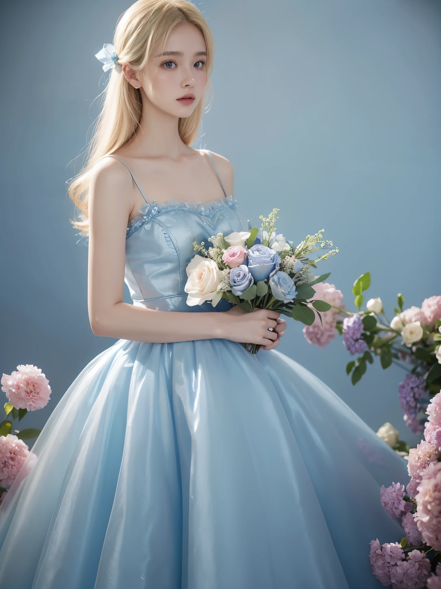Blonde woman in blue clothes holds flowers in her hands, wearing blue clothes, Wearing organza gowns and blue ballroom gowns., pink dress, wearing a blue suit, Stylish Editorial Photography, official valentino editorial, translucent dress, Subtle and dreamy, Pastel blue, celestial fairy tale, very subtle, dreamy and heavenly, blue pastel, Lots of merlot, official dior editorial