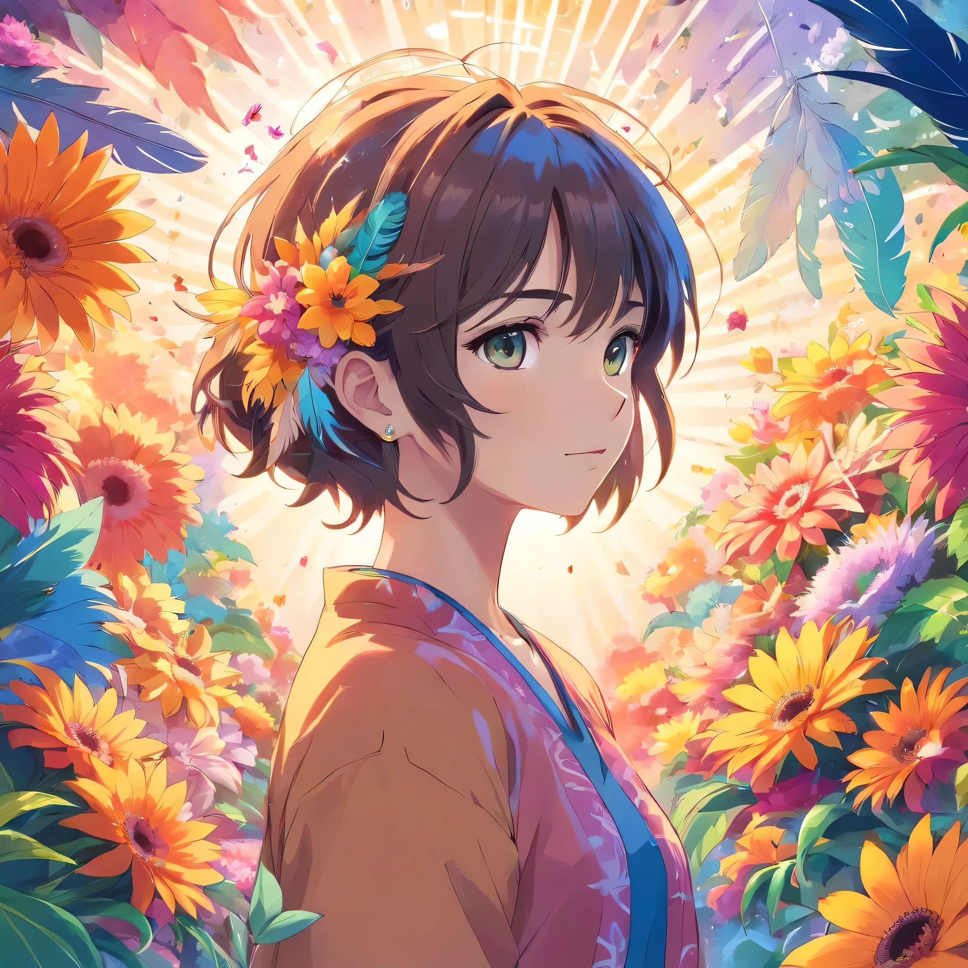 (official art, beautiful and aesthetic:1.2), (1girl:1.3),(fractal art:1.1),(colorful:1.1)(flowers:1.3),highest detailed,(zentangle:1.2), full body, (abstract background:1.3), (shiny skin), (many colors:1.4), ,(earrings), (feathers:1.5),