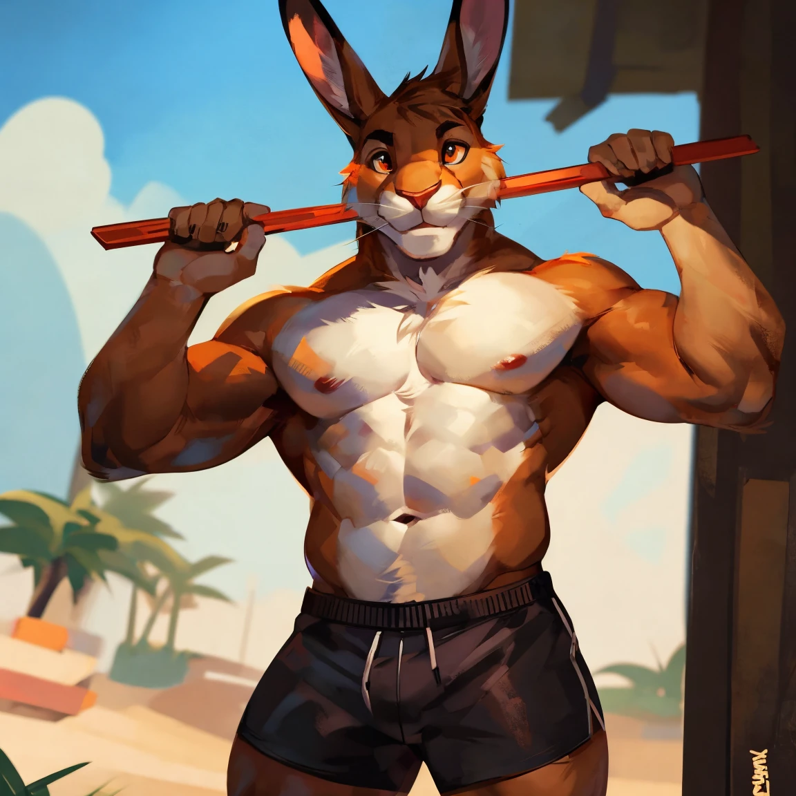 Medium muscular, hare, long ears, eyes, orange eyes, perfect eyes, shirtless, in black shorts, By mystikfox61