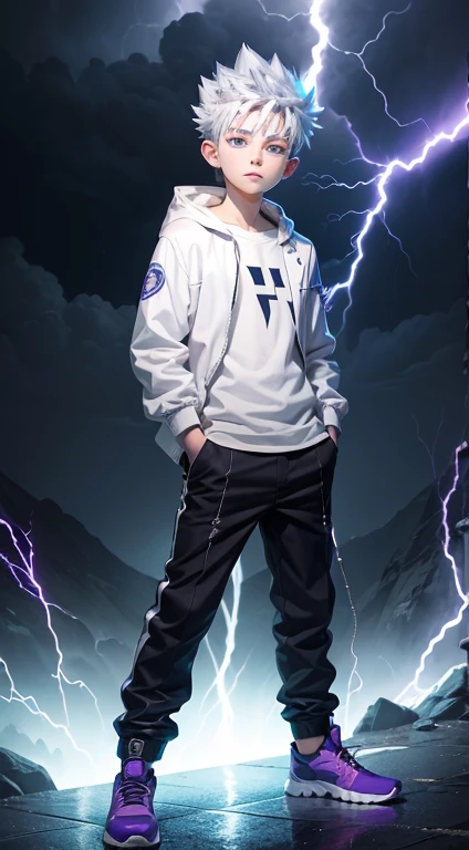 (1boy), (full body), (masterpiece), (Killua_Zoldyck), a boy with silver hair and blue eyes, wearing white shirt, peaceful smile, lightning bolt-shaped earrings, electricity aura, in a thunderstorm, electric sparks body, lightning bolts, Hands in pockets , purple shoes, intense gaze, cool expression, cool pose, lightning-themed background, anime style, vibrant colors, dramatic lighting. (best quality, highres), stormy atmosphere.