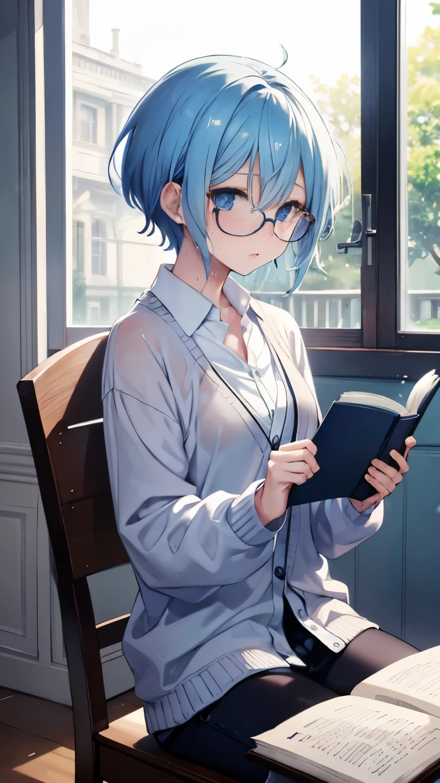 ,girl,best image quality,,blue hair,,blue eyes,glasses,white skin,,short hair,straight hair,half eyes,,wet with sweat,one piece,cardigan,race,clear,Cafe,sit in a chair,Reading,Book,small,