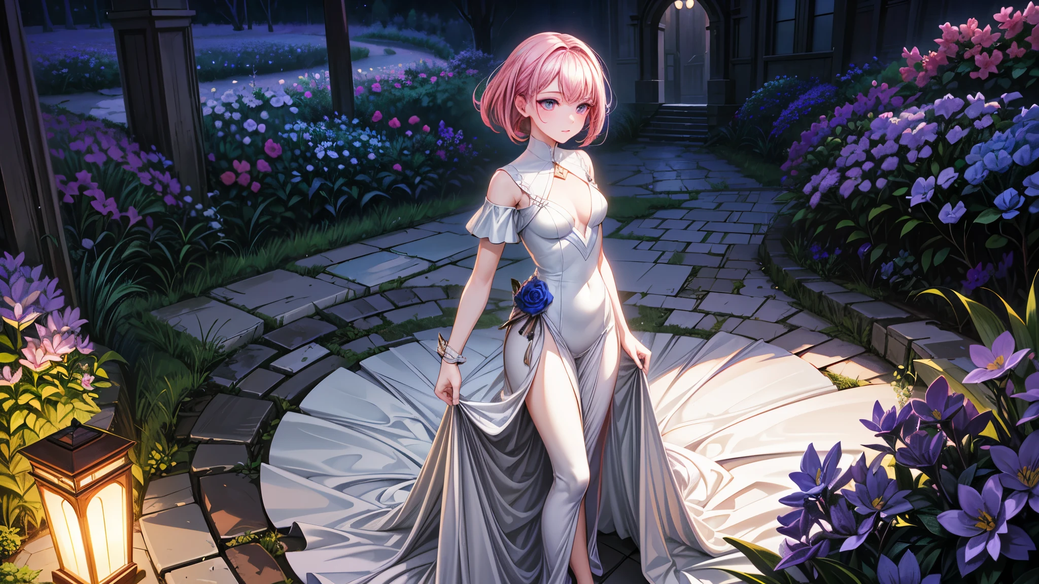 (best quality, 4k, highres, masterpiece:1.2), ultra-detailed, realistic:1.37, exquisite vibrant colors, soft lighting, a short and slight girl with delicate features, beautiful lilac eyes, flawless smooth cheeks, small and graceful lips. Her face is captivating with a subtle blush on her cheeks. She has straight and lustrous vivid pink hair that falls gently around her shoulders. She emanates an aura of elegance and confidence. She is dressed in high-end clothing, wearing a flowing dress made of fine silk in shades of lavender and lilac, with intricate floral patterns adorned with delicate pearls and crystals. The dress accentuates her slender figure and moves gracefully with each step she takes. Her attire is completed with a pair of elegant high-heeled shoes that match the color of her dress. In the background, there is a well-manicured garden, lush with vibrant flowers in various shades of purple and pink. The air is filled with the sweet scent of blooming roses and lavender. The soft sunlight filters through the leaves, casting a gentle glow on the scene. The garden is meticulously landscaped with winding pathways, leading to hidden alcoves and secret gardens. The girl stands in the center of the garden, her eyes filled with a sense of wonder and curiosity. She delicately holds a single lavender rose in her hand, its petals exuding a subtle fragrance. The gentle breeze ruffles her hair as she gazes into the distance, lost in her own thoughts. The scene is rendered in a stunning realism, capturing every intricate detail of the girl, the flowers, and the surroundings. The colors are vivid and vibrant, with a touch of ethereal charm. The lighting enhances the overall ambiance, creating a serene and tranquil atmosphere.