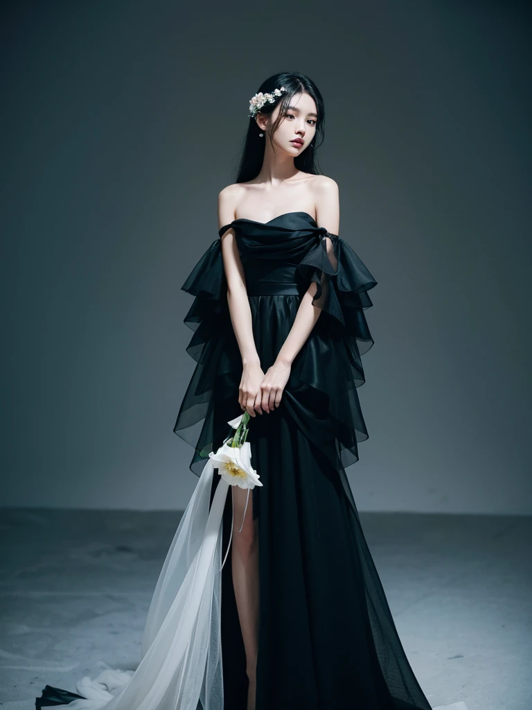 A woman dressed in black is holding flowers in her hands, Dressed in black, Wearing organza gowns and black ballroom gowns., black clothes, wearing a black suit, Stylish Editorial Photography, official valentino editorial, translucent dress, Subtle and dreamy, pastel black, celestial fairy tale, very subtle, dreamy and heavenly, black pastel, Lots of merlot, official dior editorial
