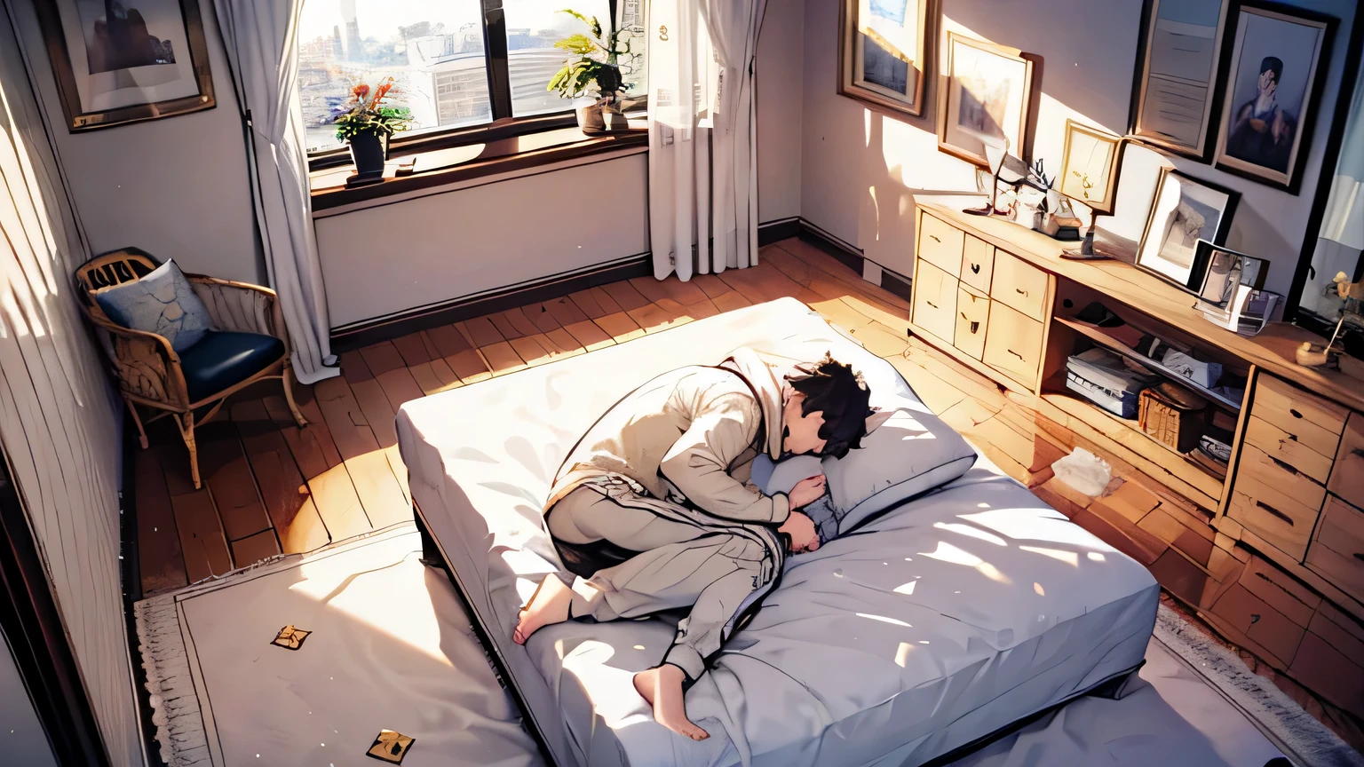 (masterpiece),(Highest image quality),top quality,(extremely detailed),4K,(8K), detailed and beautiful eyes, Highest image quality,(beautiful),more campbell,1 boy,25 years old,solo,canted angle,(aerial shot:1.2),(look far away),((looking at another:1.8)),((no background:1.5)),white background,bored,((Shooting from the ceiling)),((lie on one’s back)),hands behind head、black hair,short hair,under-rim glasses,wearing gray hoodie,A boy lying on his back on a bed, looking bored and staring into the distance. The scene is depicted from a high, angled perspective, emphasizing the boy and the bed. The room is simply decorated, with visible details such as a window, posters on the walls, and plain bedding. The lighting suggests a lazy, subdued afternoon atmosphere.
