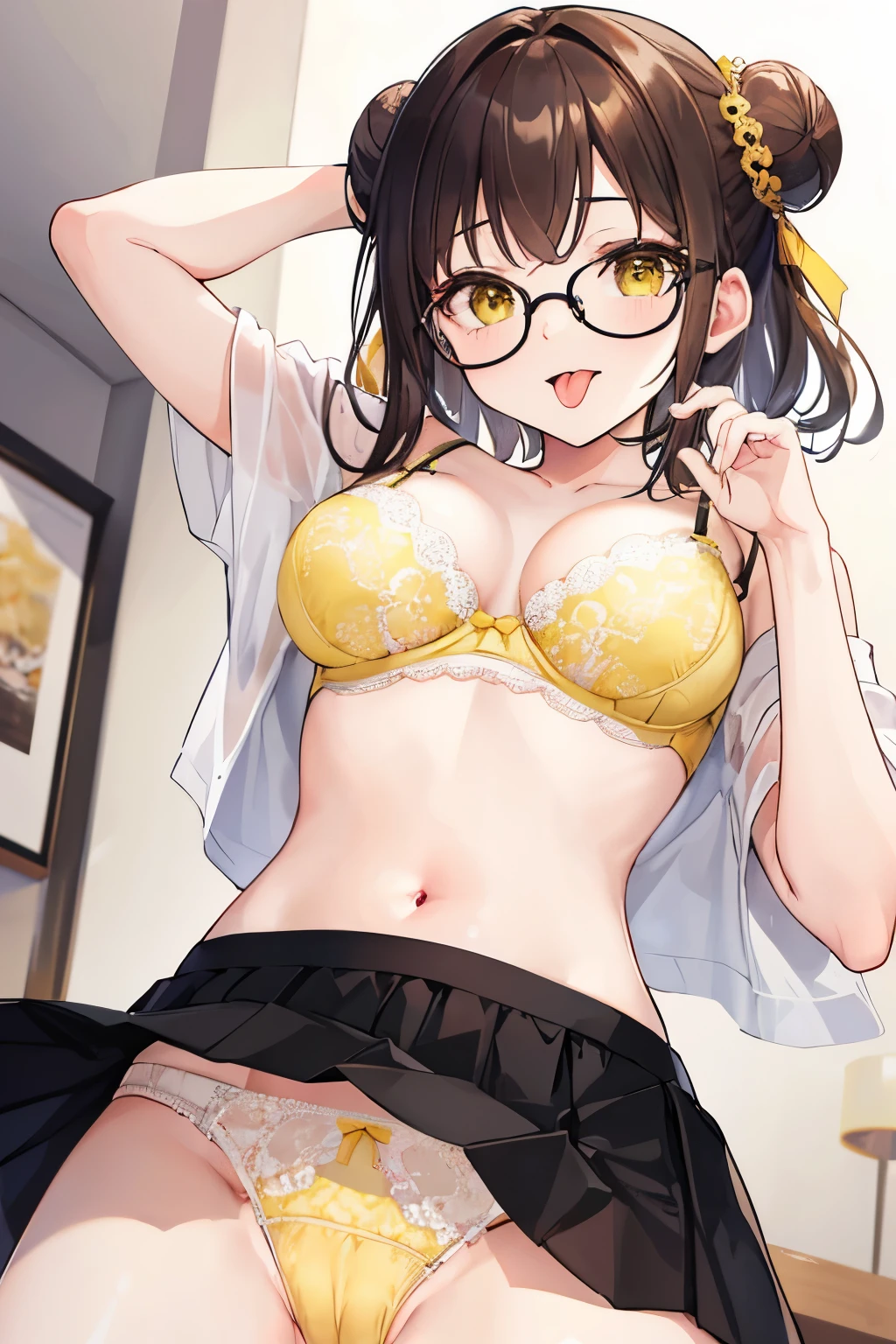 ((highest quality)), ((panties aside)),woman,Two dimensions,brown hair,glasses,(yellow lace panties),from below,cameltoe,long tongue,single hair bun,pov,vulgarity,(yellow lace bra),(on stomach),(black skirt),