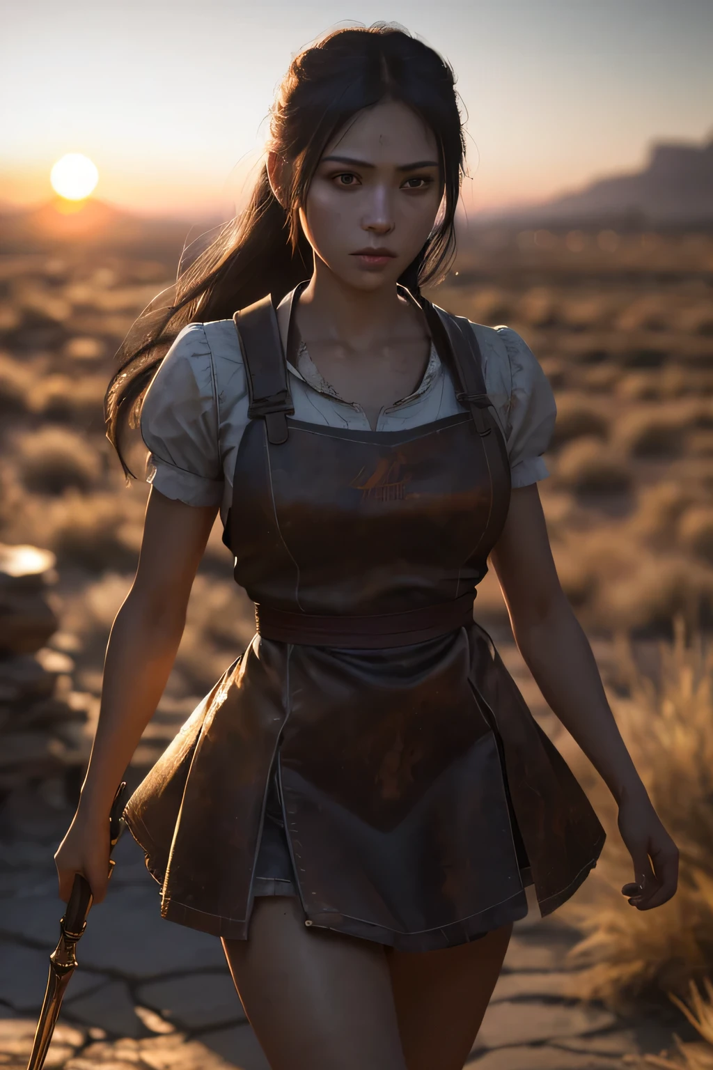 (masterpiece), (very complicated:1.3), (realistic), girl portrait, (dark fantasy, gore), (dynamic perspective), the most beautiful in the world, (waitress), outdoor, dynamic angle, running fighting stance, dry river bed, Kure, Haifa, Stunning female professional photo details, sharp focus, dramatic, Award history, cinematic lighting, Octane Rendering Unreal Engine, volumetrics dtx, (film grain, blurred background, blurred foreground, Bokeh, Depth of the bounds written, sunset), holding sickle