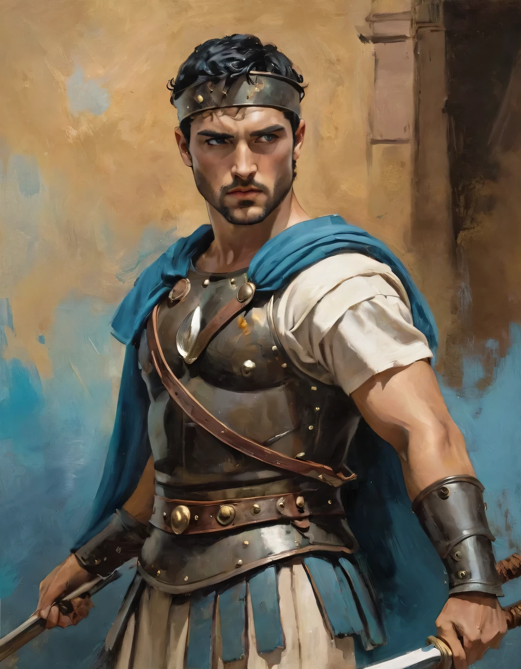 chiaroscuro technique on impressionist illustration of an masculine, 26-year-old Italian male model, handsome Roman, he is the god of war, he is Ares, Mars, evil-color, strong look, light blue eyes, strong jawline, dressed as a gladiator, ancient gladiator, male gladiator skirt, matte painting, by Harumi Hironaka, extremely soft colors, vibrant, pastel, highly detailed, digital artwork, high contrast, golden dramatic, refined, tonal, an intimate, titanic color