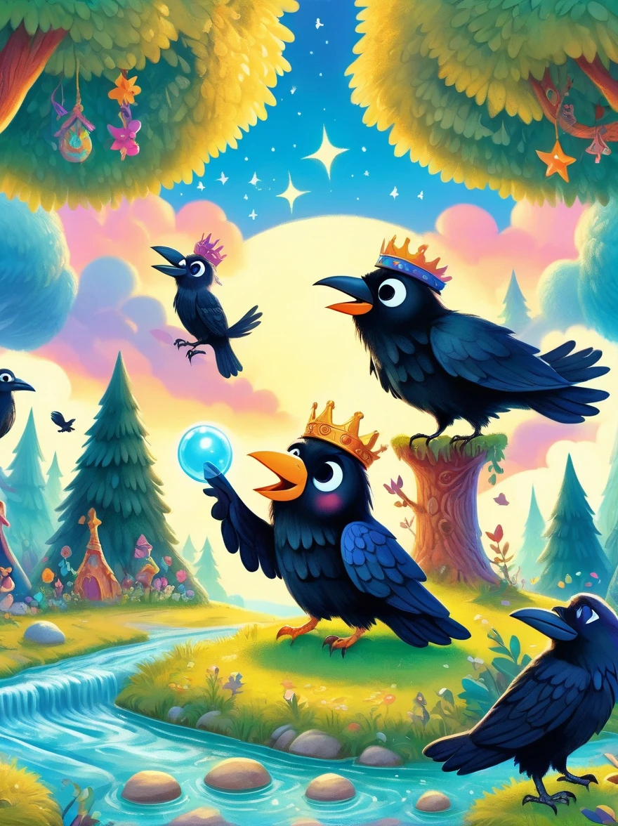 Primary school textbook illustrations, Fairy tale scenes, norse mythology, Odin, King of the Gods, sit on the throne, Two crows perched on either side of him, Raven Focus, Whimsical scenes, rich and colorful, children illustration, bright colors, interesting details, Children's stories, Quiet environment, strange trees, bright sky, magic, Fun elements, 8K, ultra high definition, anatomically correct, high detail, masterpiece, precise