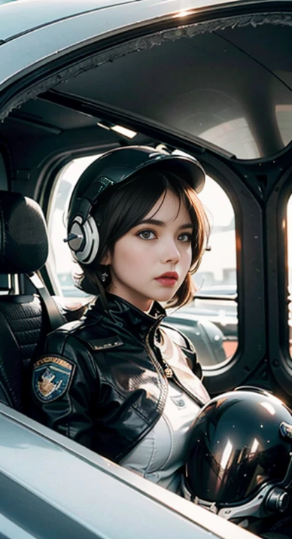 Close-up of a woman wearing a helmet and a helmet, 2 0 2 1 movie 4k frame grab, Barbarella, author:Anna Katharina Bullock, Fighter pilot in cockpit, moody : : Wes Anderson, vintage photography, Angry gorgeous woman, sixties, hurry up, Awarded by CGSociety, Pompadour, Nazca, Cinematography 2015