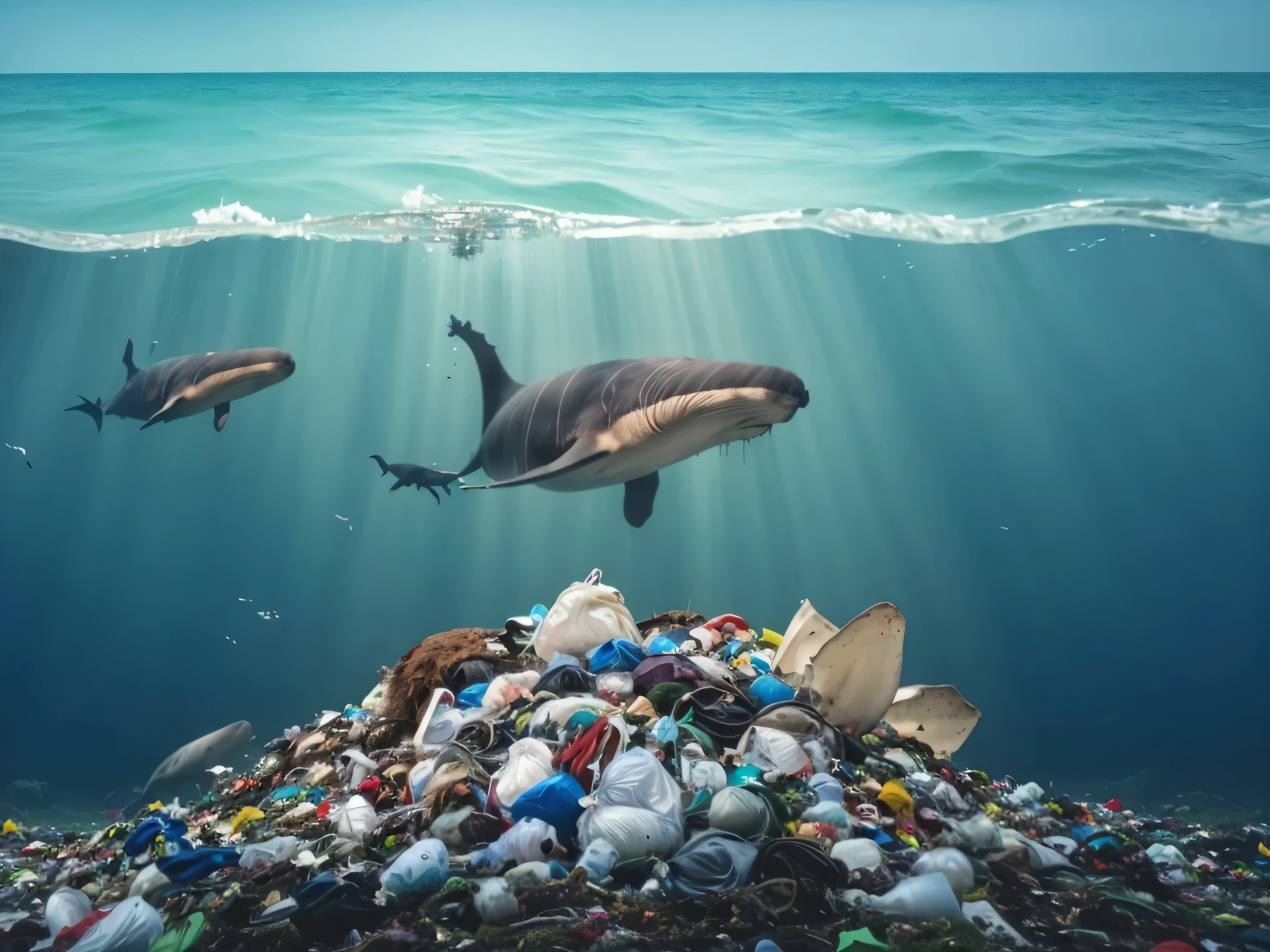 Conceptual photography, several sperm whales swimming on the seabed where garbage is piled up, the sperm whales are swallowing the garbage on the seafloor, Zhang Kechun, ultra-wide-angle lens, panoramic depth, surreal style, unparalleled details, perfect picture, grand scene, Hollywood movie style , National Geographic Photos