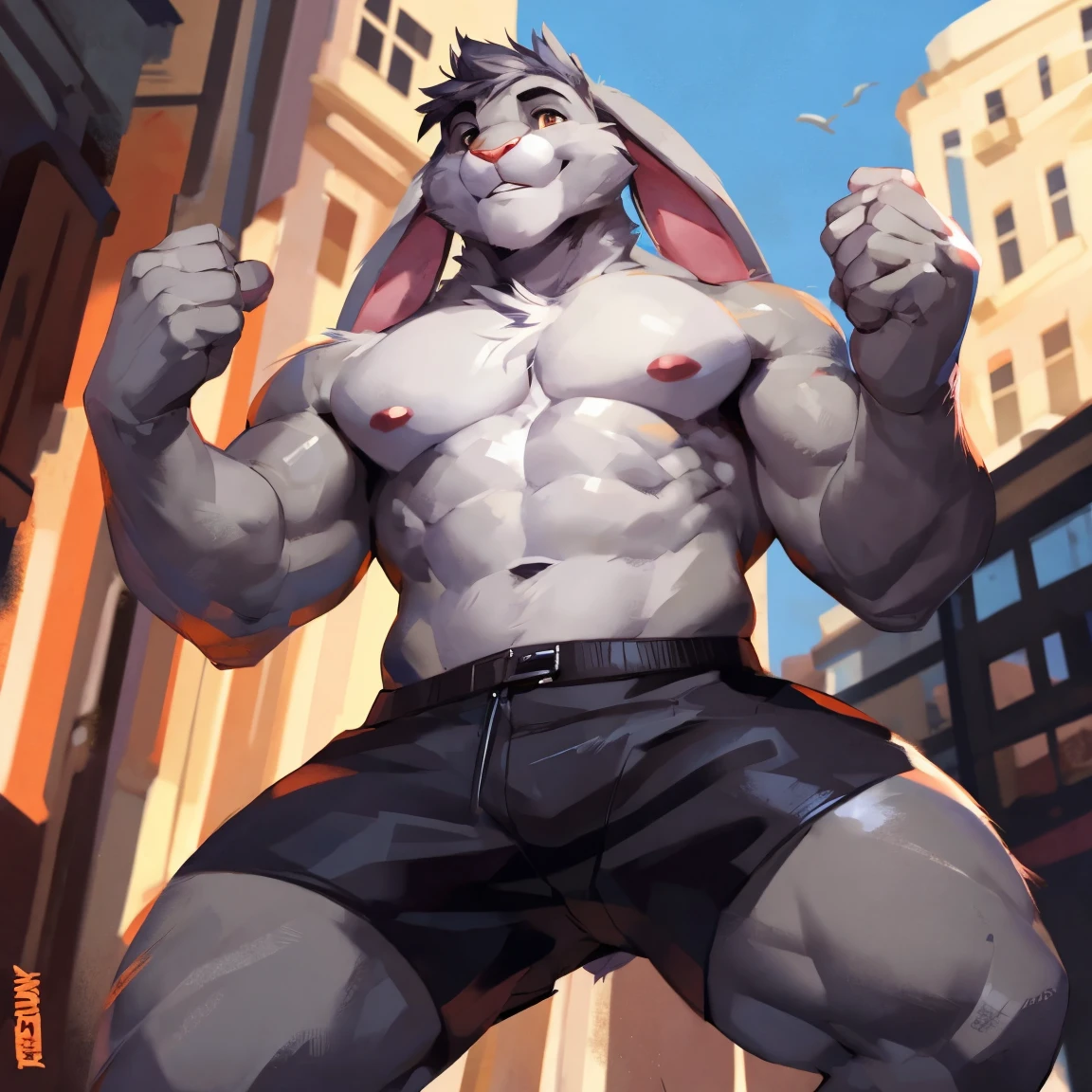 Medium muscular, rabbit, light gray, light gray rabbit, long ears, eyes, brown eyes, perfect eyes, shirtless, in black shorts, By mystikfox61