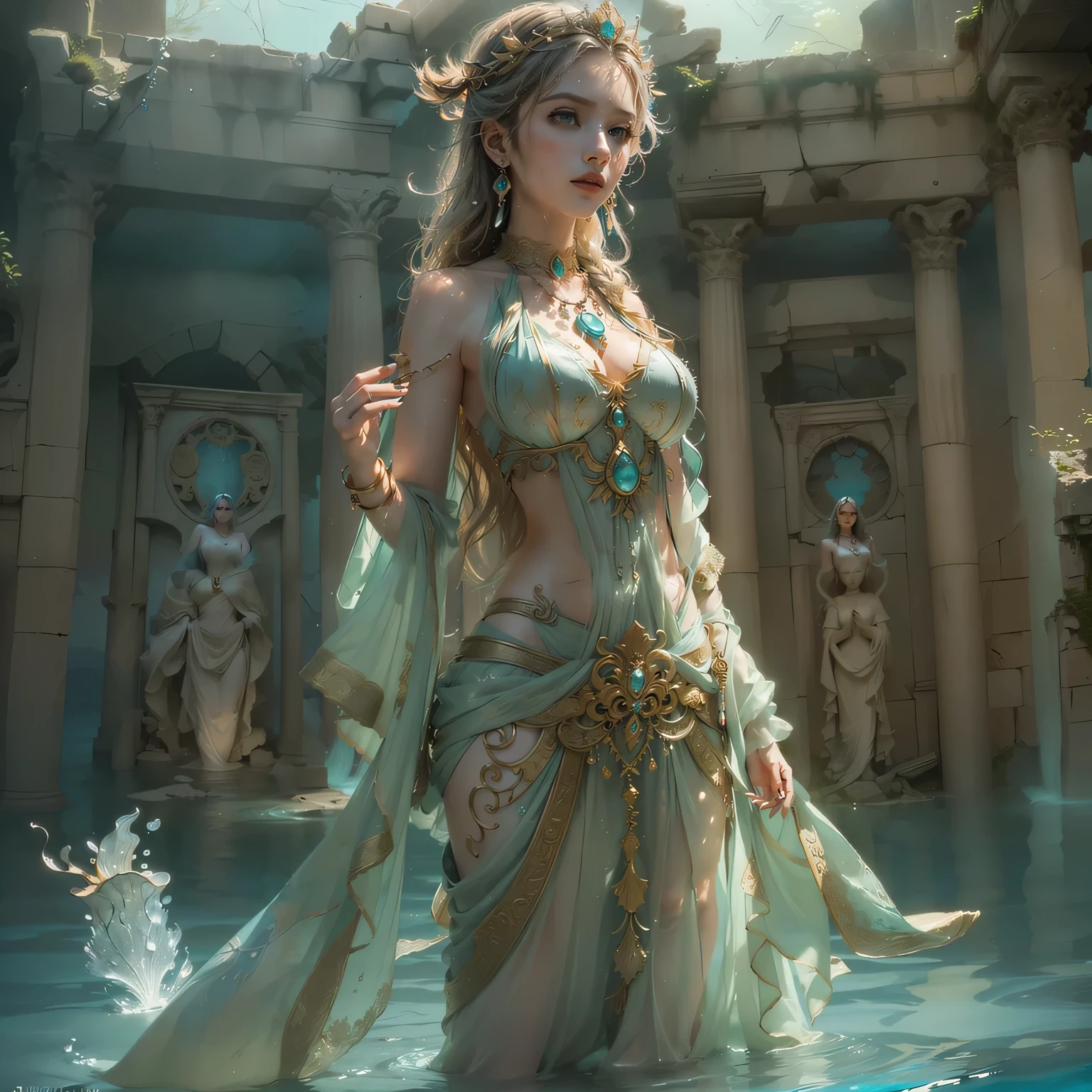 A goddess of love in her small garden, she is surrounded by beautiful flowers, little angels and fairies accompany her. A large fountain is behind her. Her gaze revises sweetness, she dresses in a luminous and vaporous way. Her body is slender and spectacular.