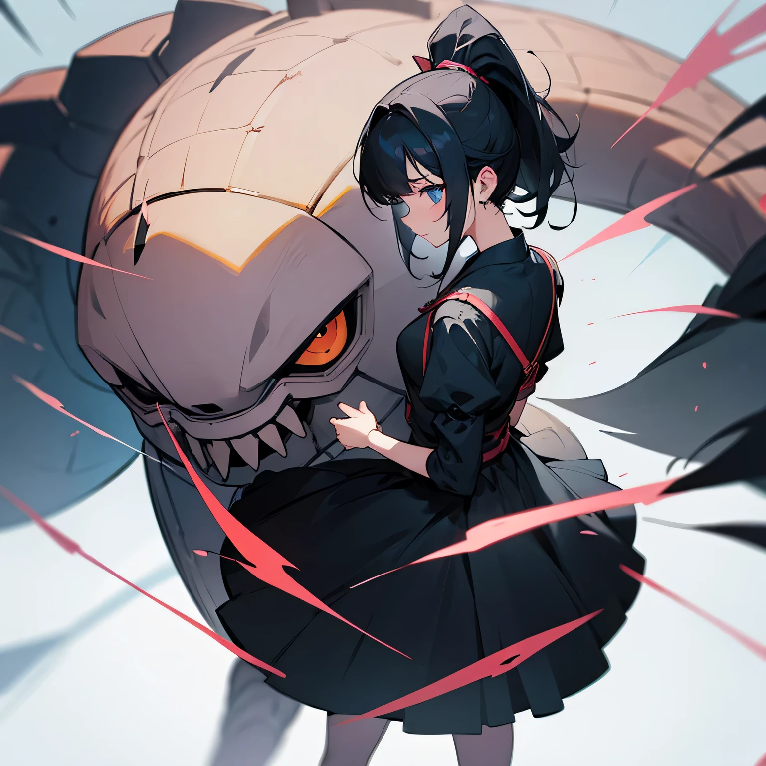 girl、black hair、ponytail、dress、near future、mechanical、monster、The villain of the story