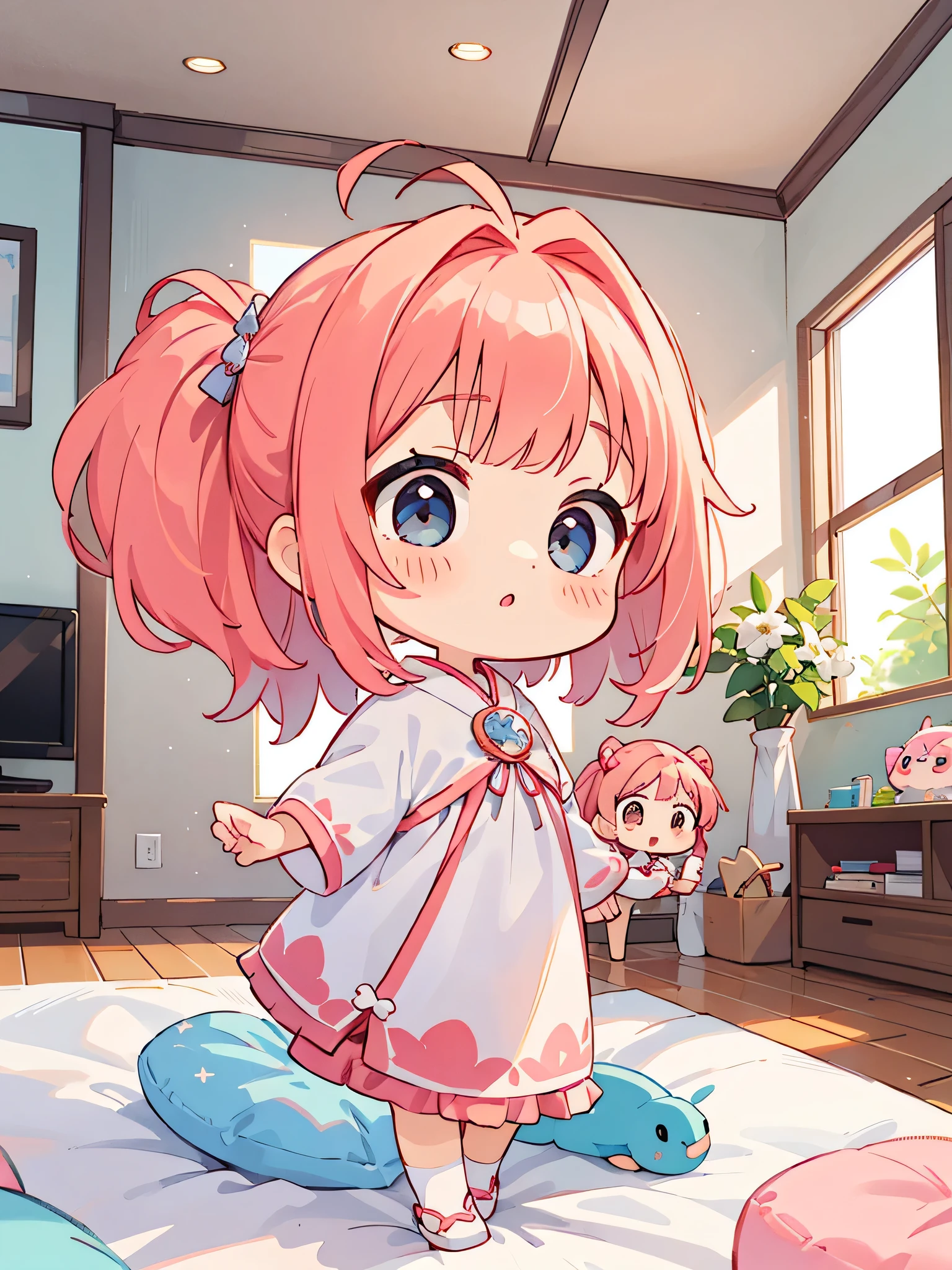 Momoko Sakura style, Kawaii Design, (((3 people)))、most beautiful girl ever、((Chibi, Dad and Mom))、living room