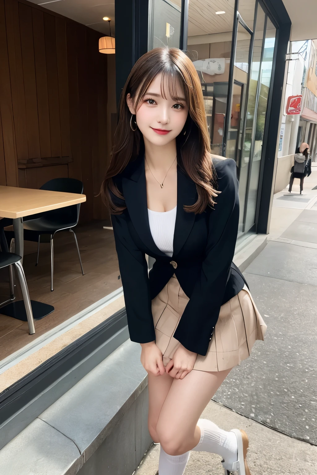 table top, highest quality, figure, Super detailed, finely, High resolution, 8k wallpaper, 完璧なダイナミックな構figure, detailed and beautiful eyes, ,medium hair, big breasts, natural color lip, look away、smile、30 year old girl、 office、 high school giller suit、mini skirt、loose socks、