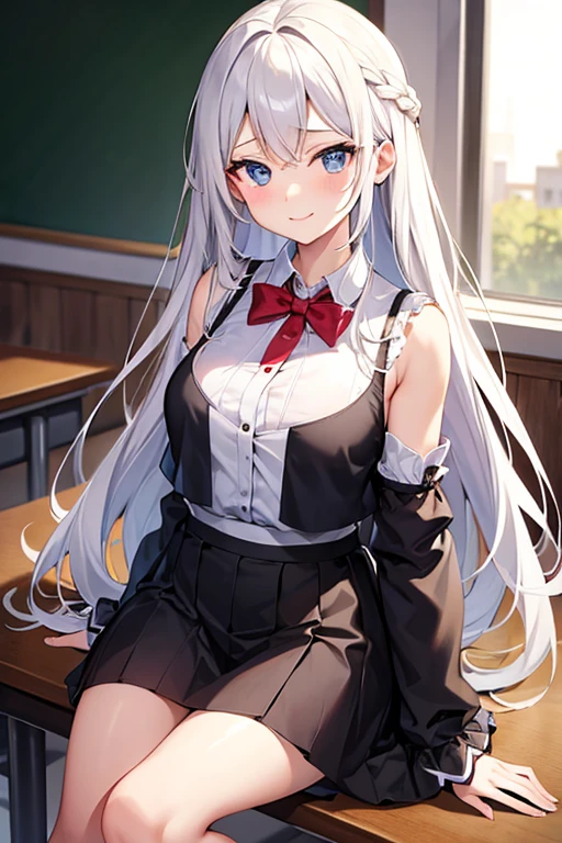 top-quality、realistic touch,high-detail、photoRealstic、Long body、captive beauty、big eye、Strong platinum blonde eyelashes、platinum-blond、full body Esbian、Sparkling eyes、Submissive smile、Flushed cheeks、Kamimei、thin-waist、Voluptuous thighs、Enraptured look、Raked bangs、The forehead is protruding、Tight sailor uniform、sleeveless、Tight and short skirt with a large slit、Inside a school classroom、She isn't not wearing panties、High-waisted skirt、maid costume、Sideways position
