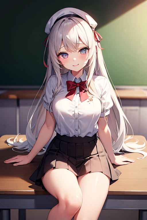 (masterpiece), best quality, expressive eyes, perfect face, high school girl, long white hair, hair looks graceful and beautiful,ruby eyes, (sitting at the classroom table), charming, sexy, graceful, naughty smile, high school idol