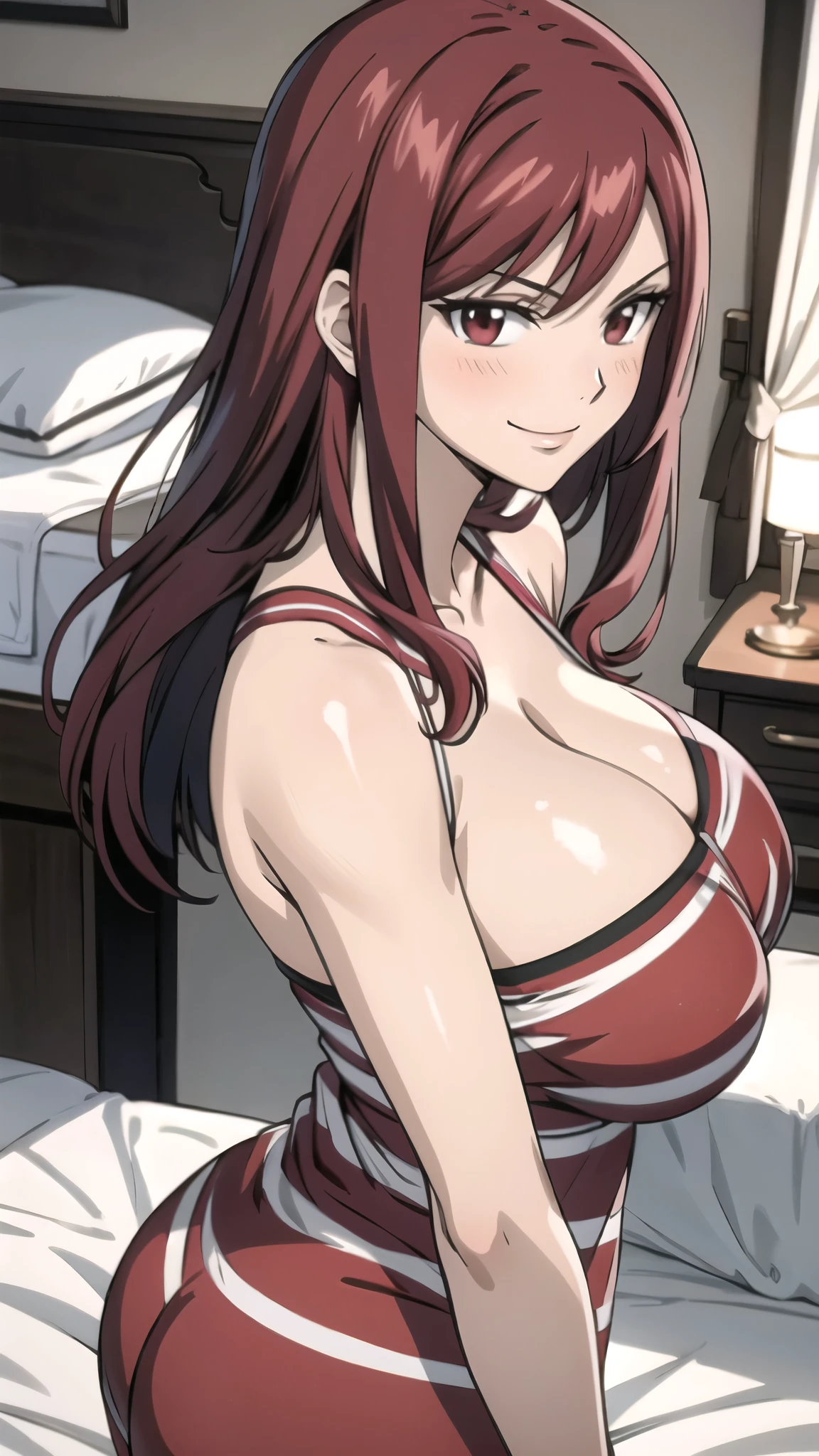 wearing pajamas in her room, cleavage,Erza Scartel, female, 25 years old, red hair, ruby red eyes, smiling and blushing, large breasts, well-shaped rear. Red hair