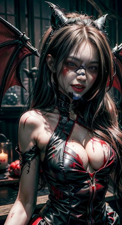 beautiful sexy woman,Red eyes, vampire的牙齿獠牙, Bold face, blood flowing from mouth, giggle,bat wings, scary smile, psychopathic giggle, sick smile, scary, oral help, angry eyes, vampire, dark sky background, Red + blue + green, glowing Red moon