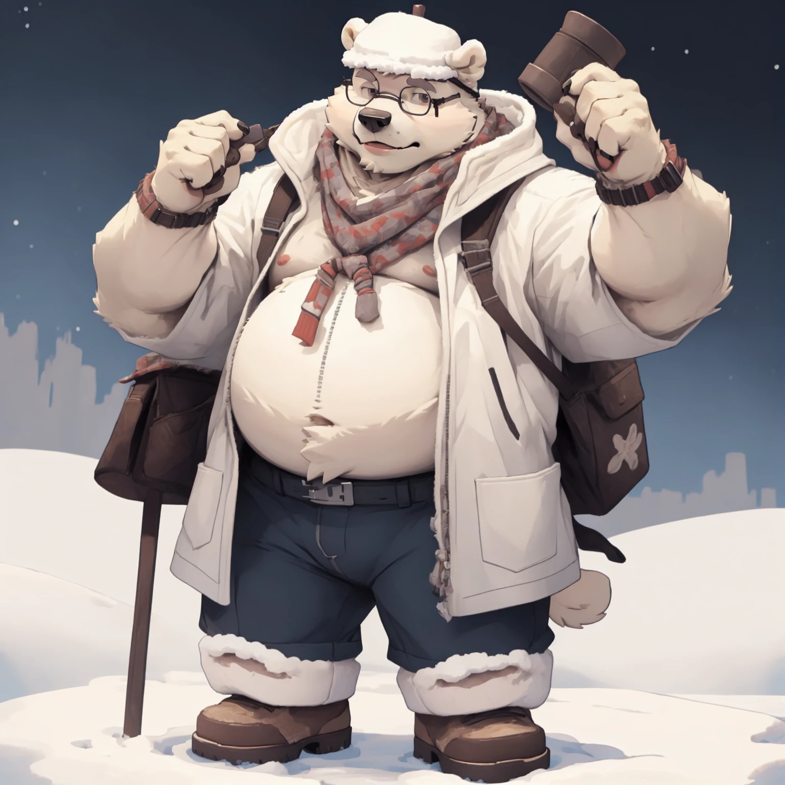 New Jersey 5 Hairy,polar bear,Full body portrait of an individual,exquisite, chubby,Fat,thick arms,Rugged muscles,Snow white plush fur,chubby脸,Handsome,white coat,brown eyes, Fashionable glasses,hat