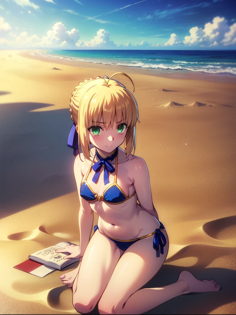 NSFW、(((she is cutesy))),(((Kneeling)))、Upper body portrait from the knees up、((Artoria Pendragon))、(((swimsuit:1.2)))、((Wearing only a swimsuit))、(((On a beautiful sunny beach)))、view audience、slender body type、Glossy skin、((Saber Artoria))、blonde、green eyes、chignon hair、shortcut、adult woman、Glossy skin、(highest qualityの、highest quality、Beautiful CG,)realistic、A very happy smile、(((Royal blue fancy bikini)))、belly button costume、(((Blue ribbon around bare neck)))、sexy body、erotic body、(((Artoria Pendragonの髪型)))、bare skin arm、Bare skin legs、(((2Beautiful legs of a book)))、(((The ground is just sand)))