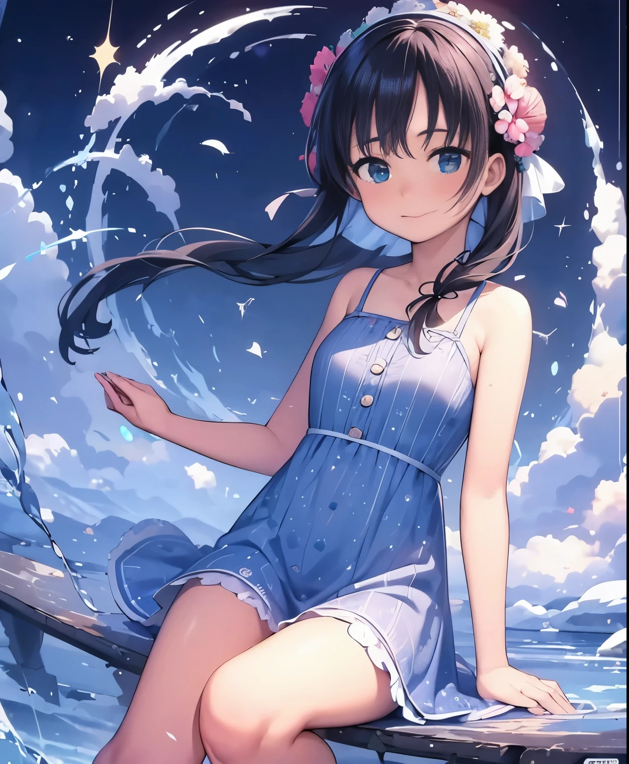 (masterpiece、highest quality、highest quality、official art、beautiful beautiful:1.2)、(1 girl:1.3)Hatsune Miku、twin tails,big breasts,(High resolution、Super detailed、nffsw、movie)、one girl、Cherry Blossom Gardenに立つ女の子、Girl around the petals、adorable smile、looking at camera、Full body Esbian、Girl with long blue hair、twin tailsの髪型、look at the camera、fantasy、cute dress、highly detailed face、highly detailed eyes、Cherry Blossom Garden、Cherry blossom petal splash art、Ultra Detailed Fields、Beautiful white starry sky、aurora、Light blue、blanche、Nebula in the sky、watercolor painting、pastel colour、, [[[[[multiple legs]]]]]