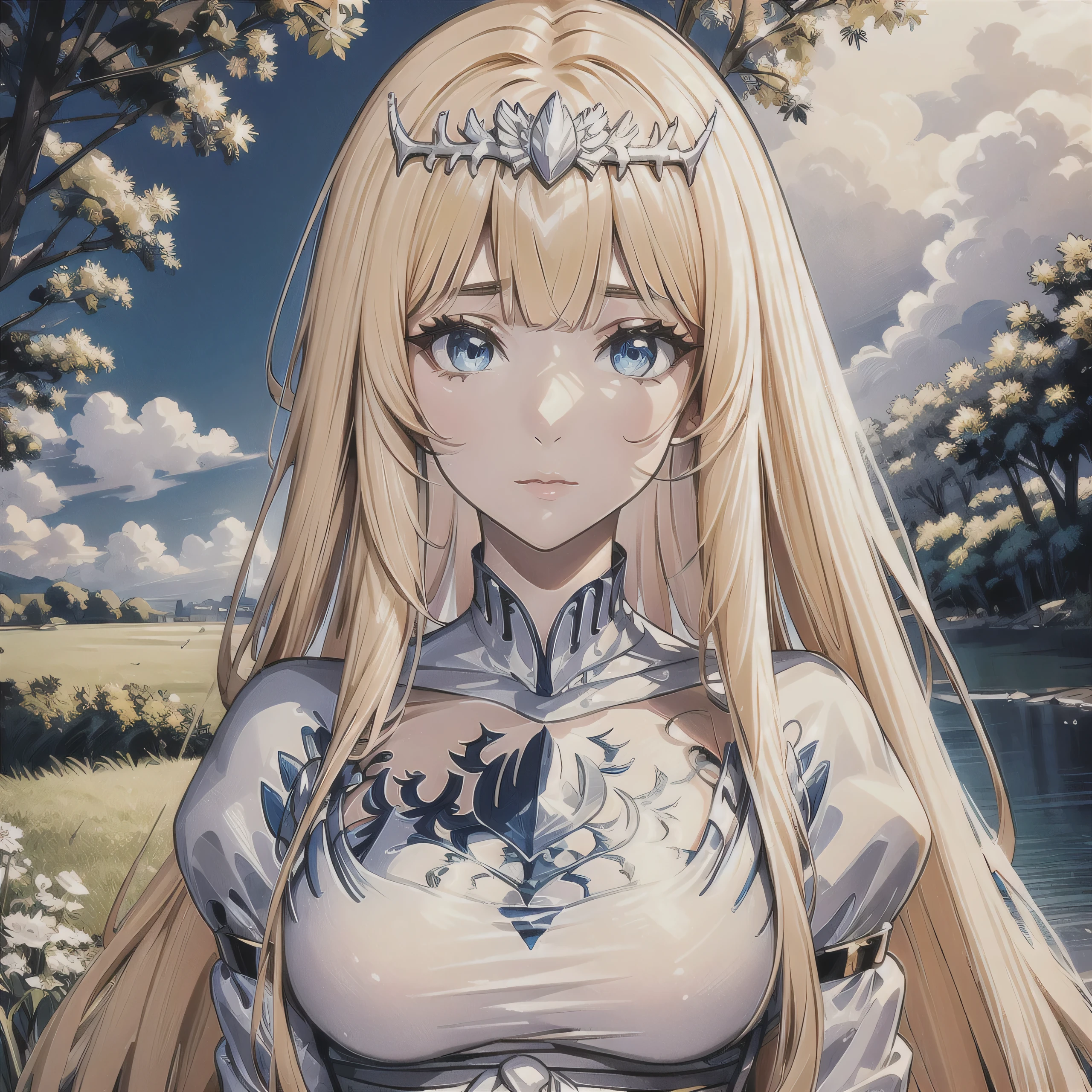 Masterpiece, best quality, official art, beautiful, lively texture, unique visuals, Magnificent details, cg.Very detailed, solidarity cooperation, 8K Wallpapers, Extremely beautiful Eyes, best quality, details first, very delicate, High quality, 1 girl,alone, Calcutta, Calcutta Bessarez, blonde hair, My hair is very long., My hair is very long., white tiara, silver tiara, white dress, blue eyes, Medium breast, 