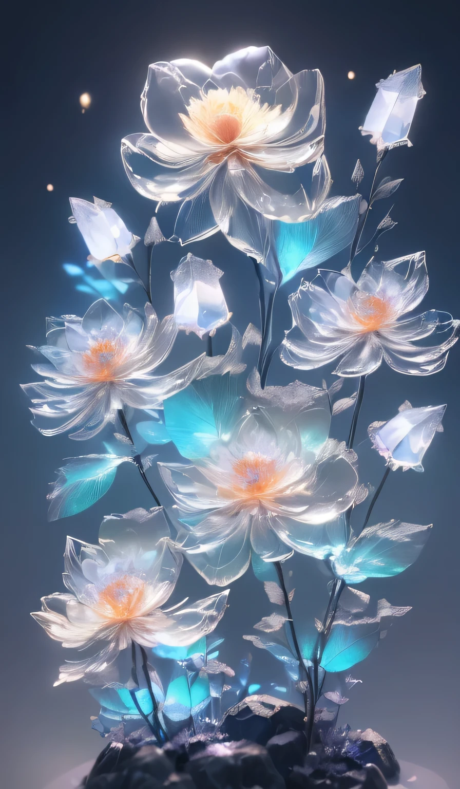 masterpiece, best quality, (Very detailed CG unified 8k wallpaper), (best quality), (best illustrations), (best shade), glow elf, (nobody:1.5), Shortage of people,night view, Round lake, it is surrounded by a forest wall of trees, (lake, Shine with the moonlight: 1.3), Sky, Full of stars, The moon hangs over the lake, (The shining moonlight falls into the lake: 1.4), (A beautiful flower rises from the heart of the lake:1.4 ), (crystal flower:1.5), (The crystal flower petals sparkle in the moonlight:1.5), Colorful sparks swirl around the flowers, fantasy, complex, elegant, Very detailed, number, art station, concept art, matte, Clear focus, illustration. very high definition, masterpiece, Astonishing, Trendy Art Station, 8K, ultra high definition, high detail, Very high detail, masterpiece, (particle effects) ETC. D.....3d , octane rendering, Ray tracing, Super details