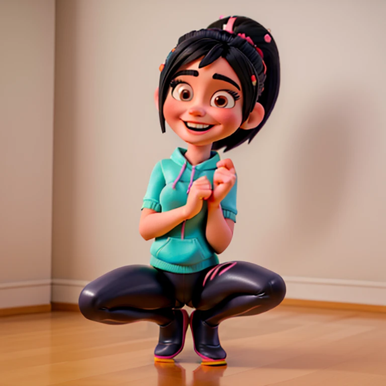 Melhor qualidade, 3d, cheio de detalhes, An image of vanellope with sexy and athletic body squatting in leggings, roupas curtas, seios juvenis e pata de camelo, pele do corpo, olhos castanhos, you can completely see vanellope doing frog squats, sorriso apaixonado, 