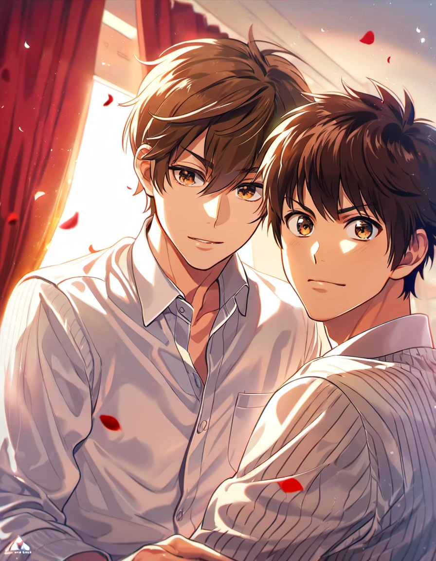 absurdres, highres, ultra detailed, HDR, master piece, best quality, Sawamura Eijun together with Miyuki Kazuya, 2men together, gay couple, handsome, brown hair, medium-length brown hair messy and windswept, expressive brown eyes, Diamond No Ace, window, red curtains, petals