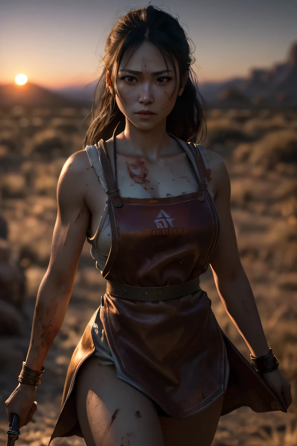 (masterpiece), (very complicated:1.3), (realistic), girl portrait, (dark fantasy, gore), (dynamic perspective), the most beautiful in the world, (waitress), outdoor, dynamic angle, running fighting stance, dry river bed, Kure, Haifa, Stunning female professional photo details, sharp focus, dramatic, Award history, cinematic lighting, Octane Rendering Unreal Engine, volumetrics dtx, (film grain, blurred background, blurred foreground, Bokeh, Depth of the bounds written, sunset), holding sickle