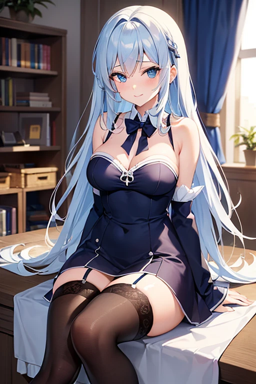 (masterpiece), best quality, expressive eyes, perfect face, high school girl, long whitish blue hair, hair looks elegant and beautiful, blue diamond eyes, sexy, graceful, mischievous smile , stockings,(sit in class)