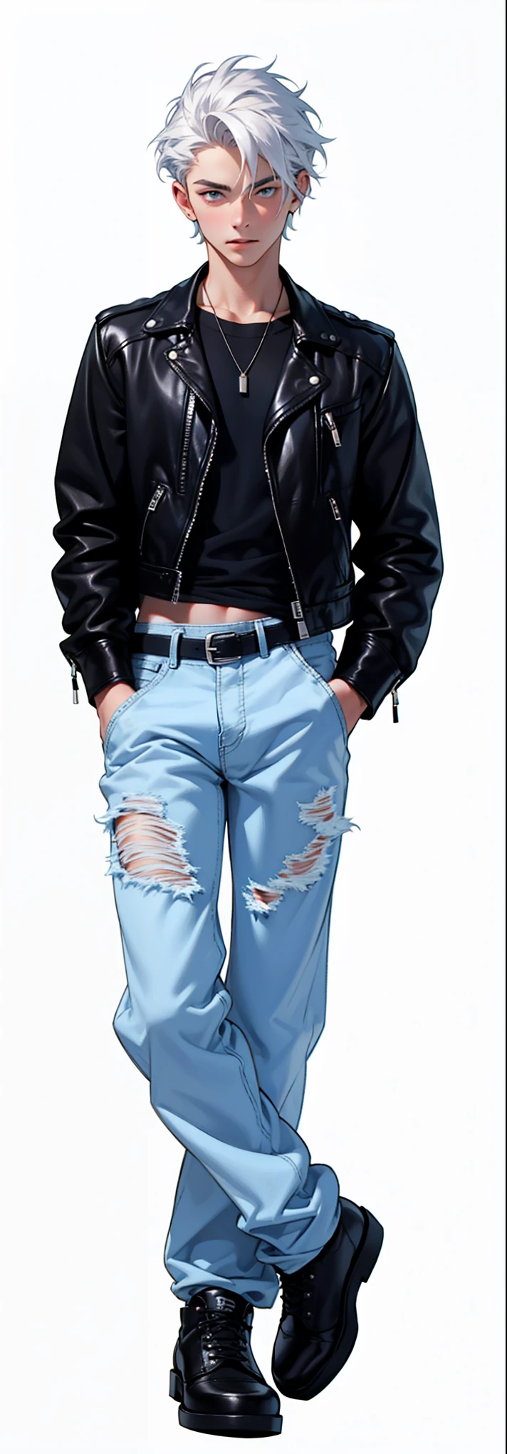 The boy is 18 years old, his hair is short, white. Black short T-shirt, leather jacket, blue jeans