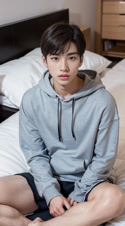 male student，with short black hair，Realistic graphics，high quality photos,Rough skin,Handsome Japan,slim body shape,above the chest、hoodie,19 years old,melancholy expression,、Raw photo、one man in the world、detailed facial texture、Japan boy、Cool、wheat-colored skin、sunburn，on the bed、good eyes、naked、spread legs、Show me your side、hairless、thin legs、boxer shorts