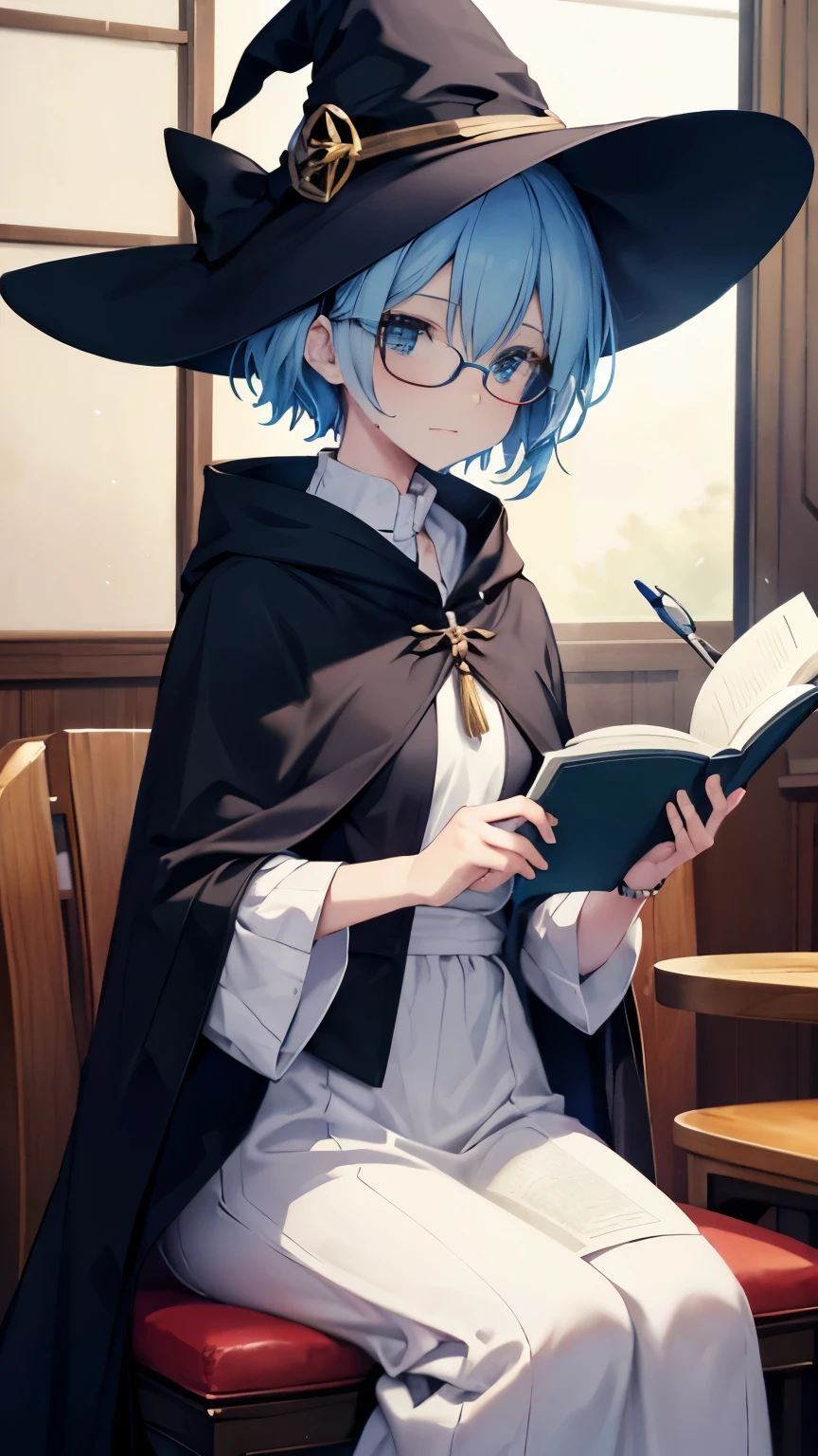 ,girl,best image quality,,blue hair,,blue eyes,glasses,white skin,,short hair,straight hair,half eyes,,wet with sweat,white dress,cloak,witch hat,race,clear,Cafe,coffee,sit in a chair,Reading,Book,small,