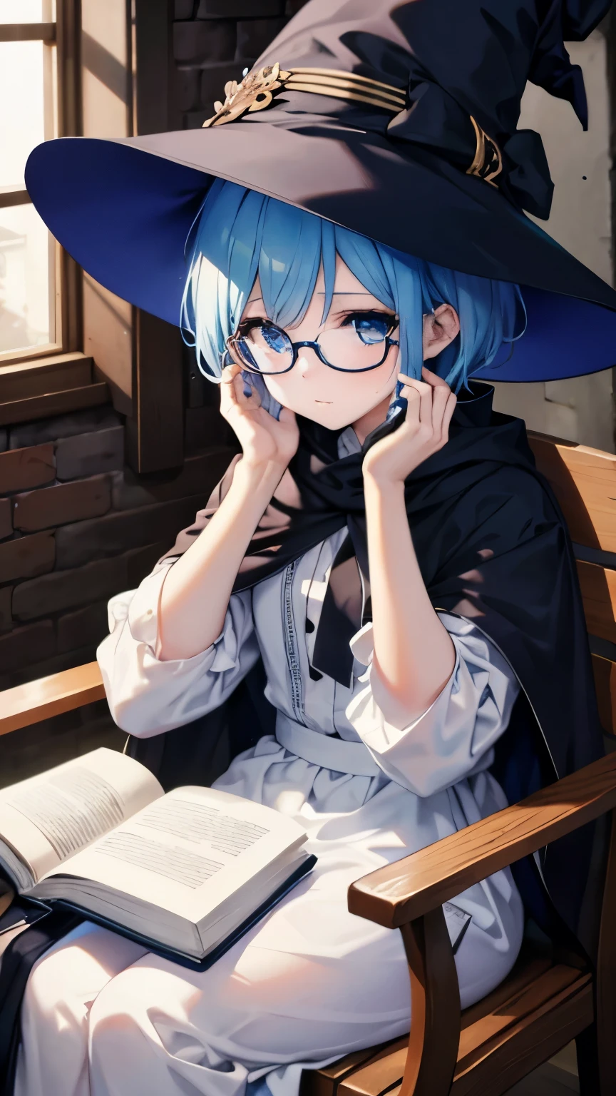 ,girl,best image quality,,blue hair,,blue eyes,glasses,white skin,,short hair,straight hair,half eyes,,wet with sweat,white dress,cloak,witch hat,race,clear,Cafe,coffee,sit in a chair,Reading,Book,small,
