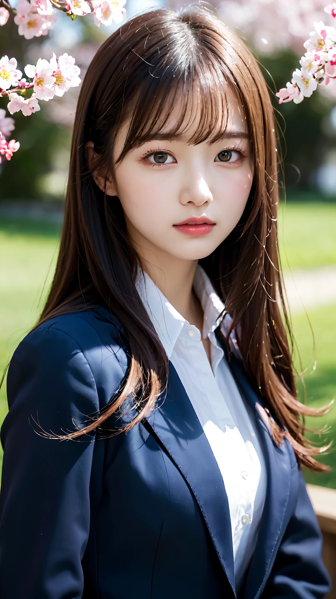 graduation ceremony、high school girl、uniform 、navy blue blazer、Cherry tree in full bloom、Cherry blossom confetti、perfect proportions、cute、((18 year old female:1.2))、young adorable japanese face，official art，Highly detailed CG Unity 8K wallpaper，（masterpiece:1.0),(highest quality:1.0), 超A high resolution,4k,Super detailed, photo shoot, 8K, nffsw, High resolution, kodak portrait 400, film grain, lens flare glow,高いest quality,8K,nffsw:1.2),portrait shot,8K、View viewer