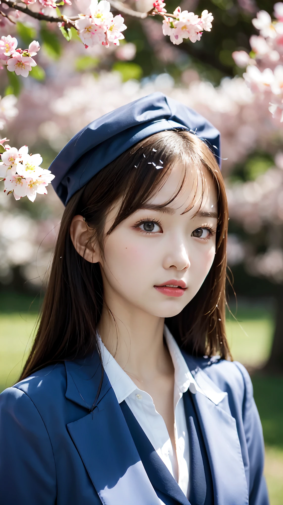 graduation ceremony、high school girl、uniform 、navy blue blazer、Cherry tree in full bloom、Cherry blossom confetti、perfect proportions、cute、((18 year old female:1.2))、young adorable japanese face,official art,Highly detailed CG Unity 8K wallpaper,(masterpiece:1.0),(highest quality:1.0), 超A high resolution,4k,Super detailed, photo shoot, 8K, nffsw, High resolution, kodak portrait 400, film grain, lens flare glow,高いest quality,8K,nffsw:1.2),portrait shot,8K、View viewer