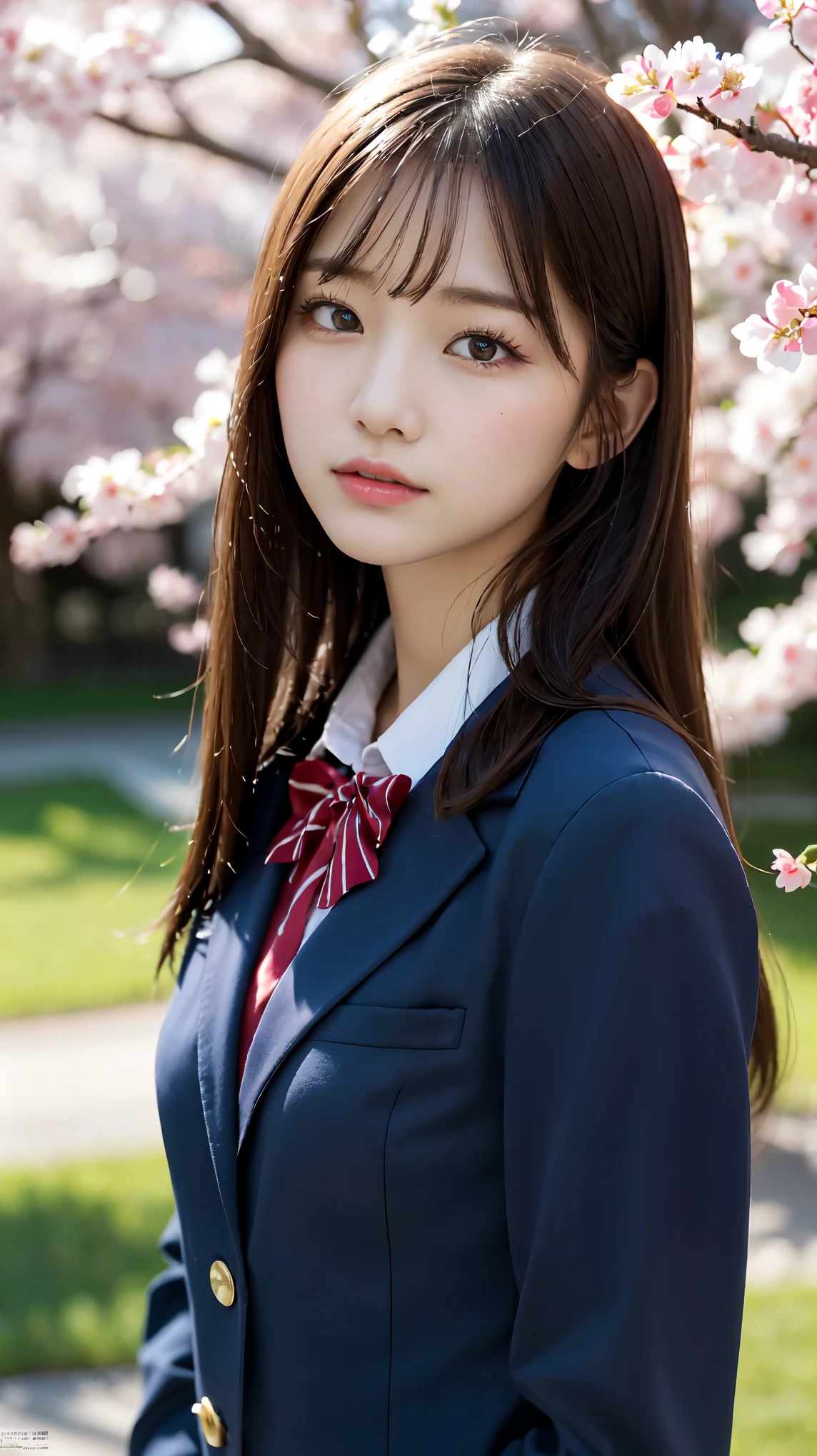 graduation ceremony、high school girl、uniform 、navy blue blazer、Cherry tree in full bloom、Cherry blossom confetti、perfect proportions、cute、((18 year old female:1.******ung adorable japanese face，official art，Highly detailed CG Unity 8K wallpaper，（masterpiece:1.0),(highest quality:1.0), 超A high resolution,4k,Super detailed, photo shoot, 8K, nffsw, High resolution, kodak portrait 400, film grain, lens flare glow,高いest quality,8K,nffsw:1.2),portrait shot,8K、View viewer