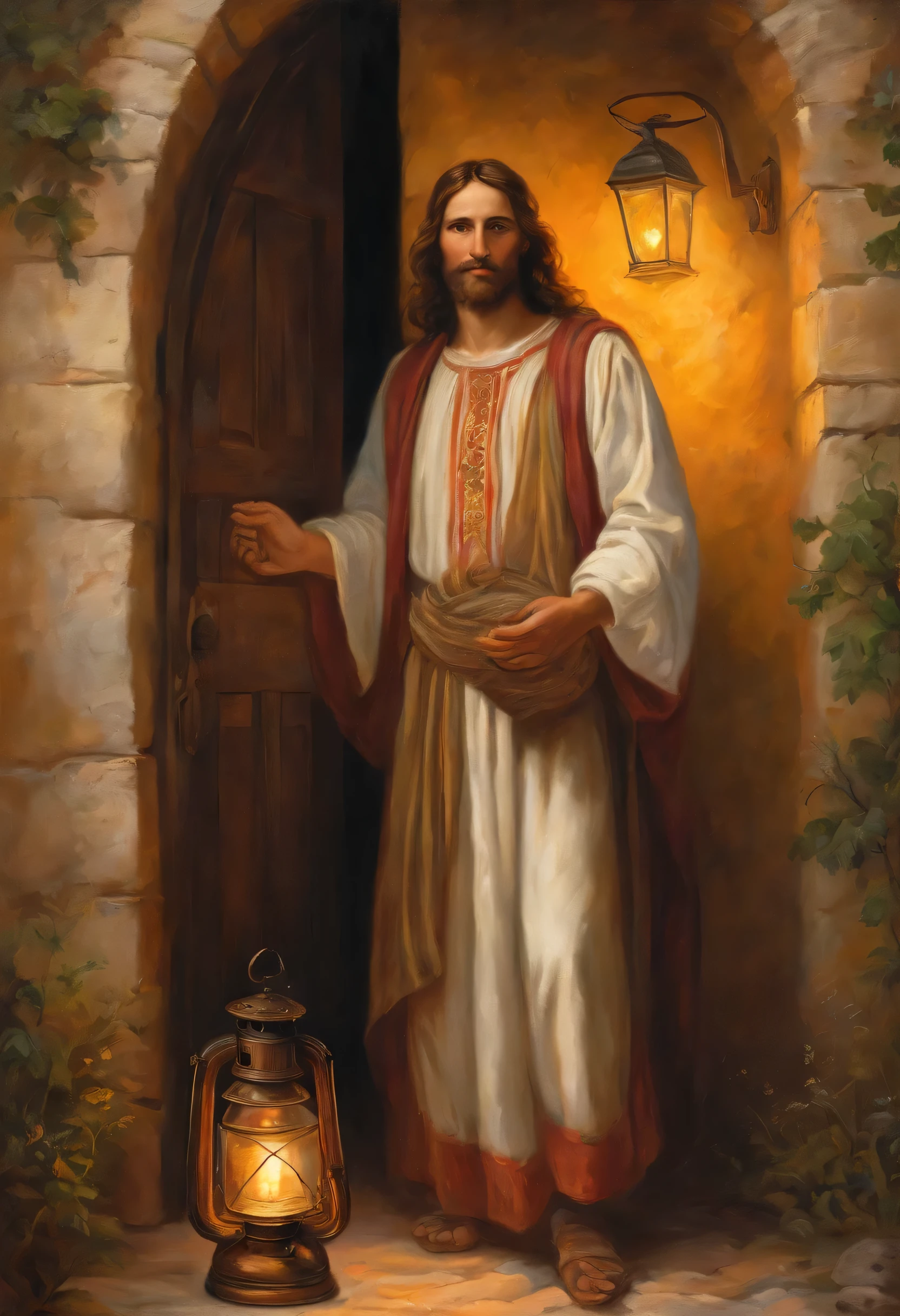 realista, sunset effects at night, obra de arte, Melhor qualidade, 24K Ultra HD, Rastreamento de raio NVIDIA RTX, Efeitos do DLSS 3, classical art,The image you are referring to is commonly known as "The Light of the World" by William Holman Hunt. It depicts Jesus standing at a door, knocking gently. He is holding a lantern, symbolizing guidance and hope. The painting is intended to represent a spiritual message about Jesus' presence and willingness to enter the hearts of those who welcome him. Jesus has his back