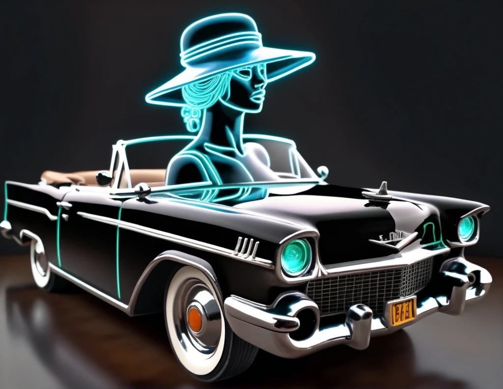 Neon sign "Deviant Artist" (text "Deviant Artist") instead of the registration number on the convertible, driving a gorgeous model in an off-the-shoulder dress and a hat, hyper detailed, , sharp focus, intricate details, highly detailed, close-up, neon ambiance, abstract black oil, gear mecha, detailed acrylic, grunge, intricate complexity, rendered in unreal engine, photorealistic, with the caliber of 8k artistic photography. High Resolution, High Quality, Masterpiece.