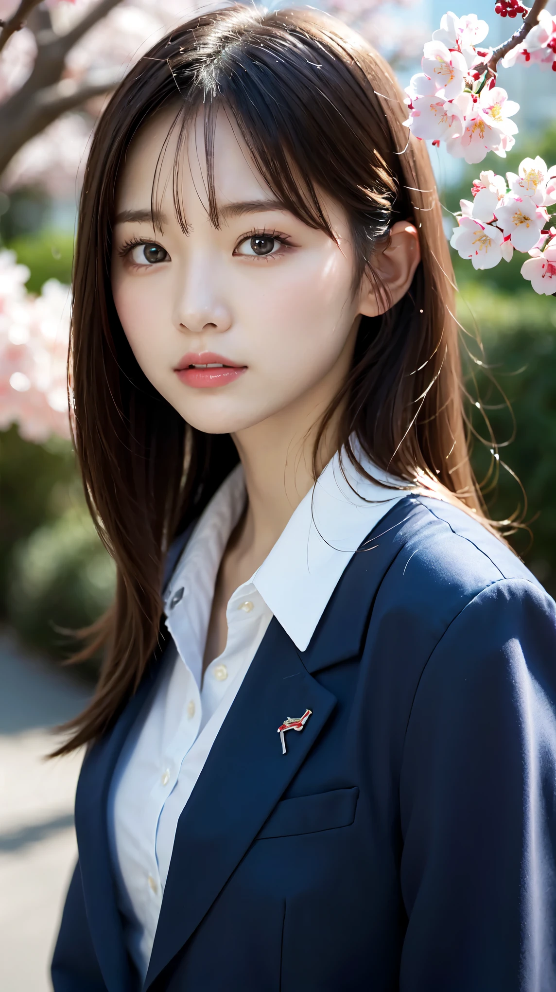 graduation ceremony、high school girl、uniform 、navy blue blazer、Cherry tree in full bloom、Cherry blossom confetti、perfect proportions、cute、((18 year old female:1.******ung adorable japanese face，official art，Highly detailed CG Unity 8K wallpaper，（masterpiece:1.0),(highest quality:1.0), 超A high resolution,4k,Super detailed, photo shoot, 8K, nffsw, High resolution, kodak portrait 400, film grain, lens flare glow,高いest quality,8K,nffsw:1.2),portrait shot,8K、View viewer