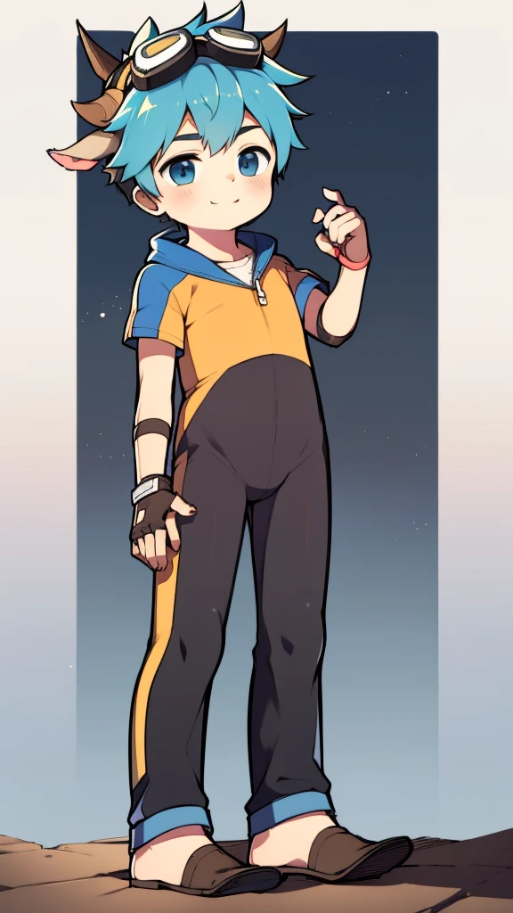 ((A young boy)),(Youthful feeling),one piece mountaineering suit,There are horns on the head,slender figure,Healthy limbs,goggles,fingerless gloves,cotton socks,short sleeves,stand up,Smile