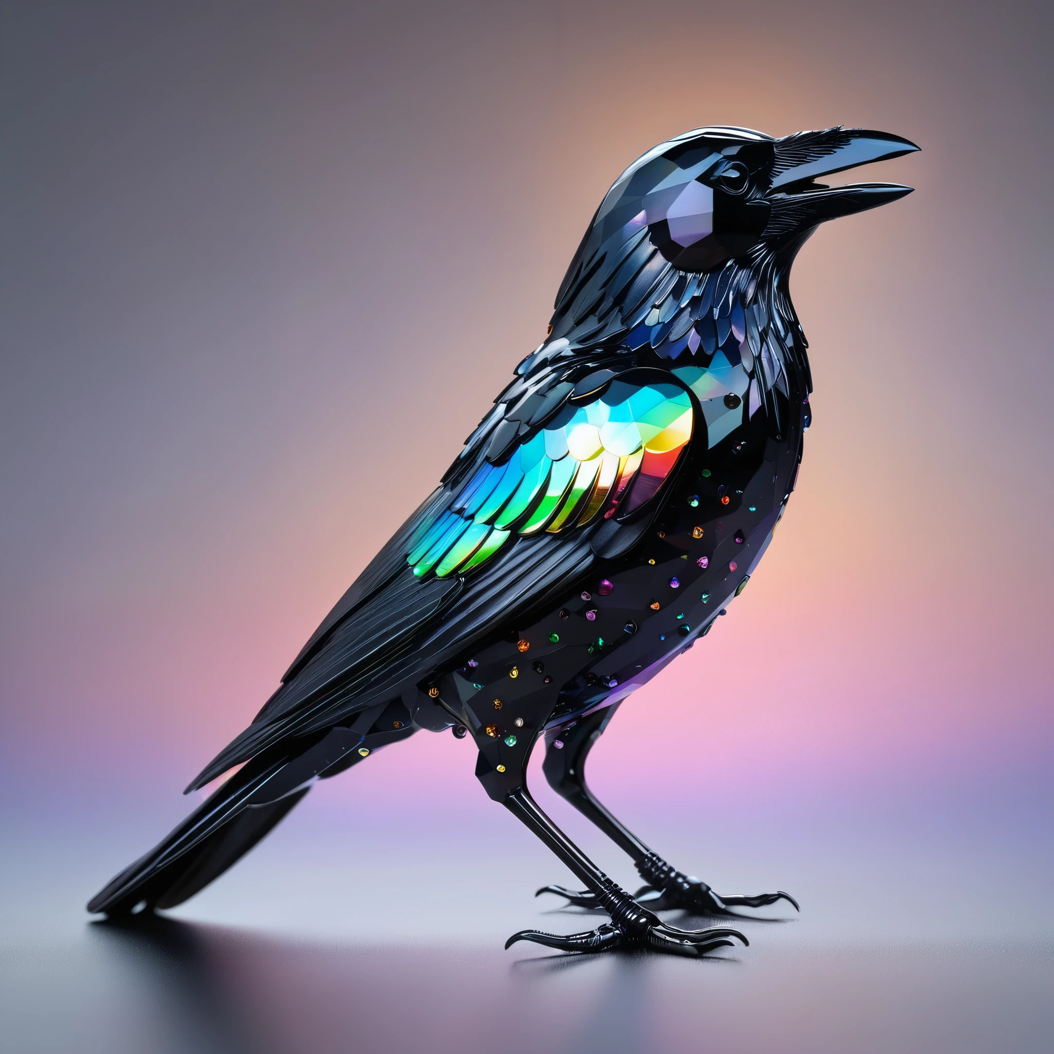 best quality, super fine, 16k, RAW photo, photorealistic, incredibly absurdres, extremely detailed, delicate, flashy and dynamic depiction, crow made of black translucent brilliant-cut gemstones that reflect iridescent rainbow light when illuminated, background simple color