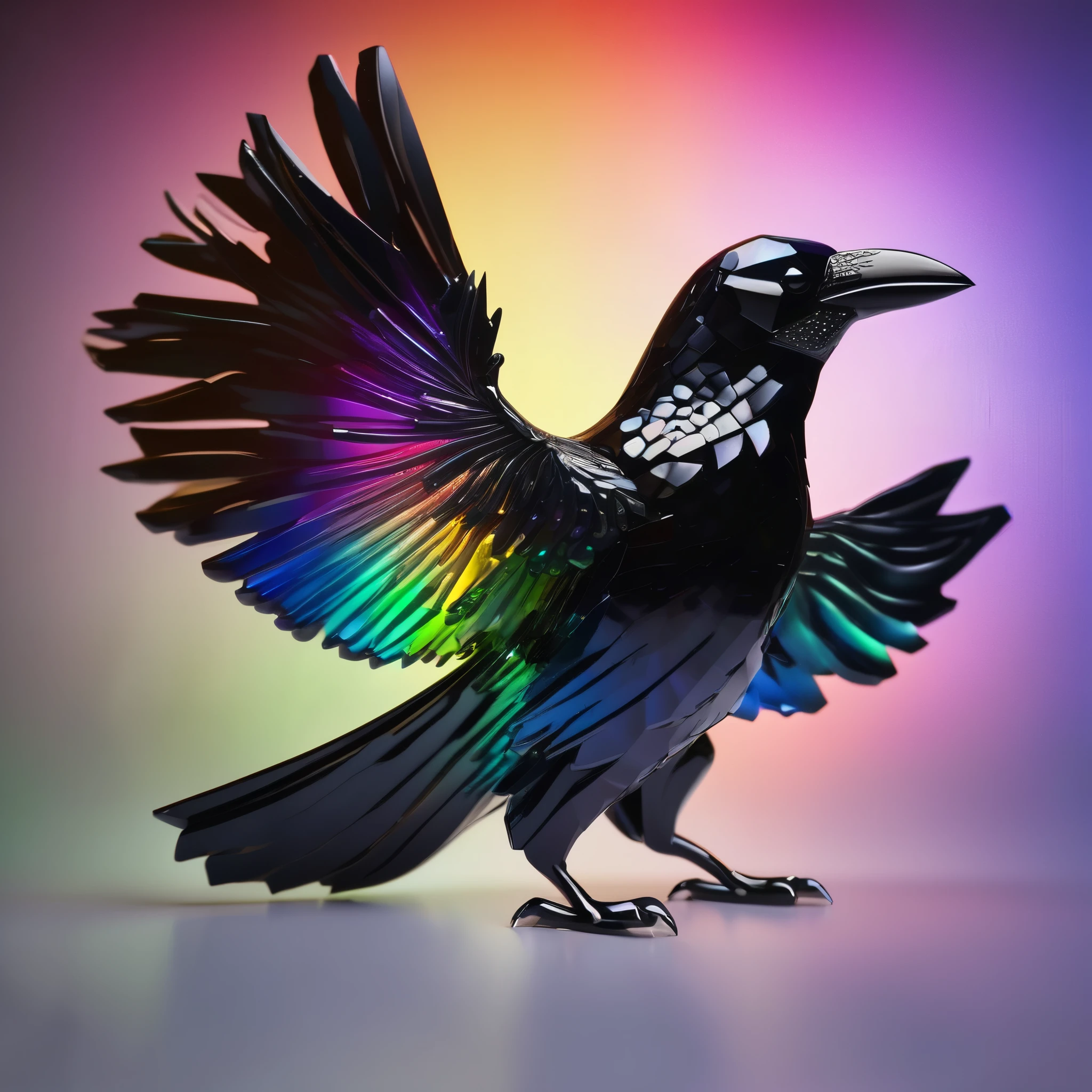 best quality, super fine, 16k, RAW photo, photorealistic, incredibly absurdres, extremely detailed, delicate, flashy and dynamic depiction, crow made of black translucent brilliant-cut gemstones that reflect iridescent rainbow light when illuminated, background simple color