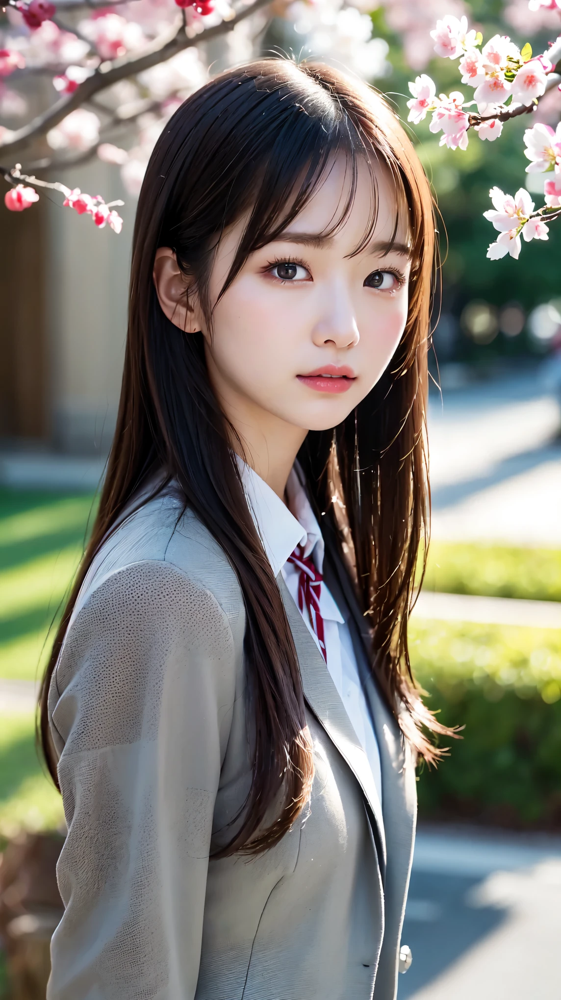 graduation ceremony、high school girl、uniform 、navy blue blazer、Cherry tree in full bloom、Cherry blossom confetti、perfect proportions、cute、((18 year old female:1.2))、young adorable japanese face,official art,Highly detailed CG Unity 8K wallpaper,(masterpiece:1.0),(highest quality:1.0), 超A high resolution,4k,Super detailed, photo shoot, 8K, nffsw, High resolution, kodak portrait 400, film grain, lens flare glow,高いest quality,8K,nffsw:1.2),portrait shot,8K、View viewer